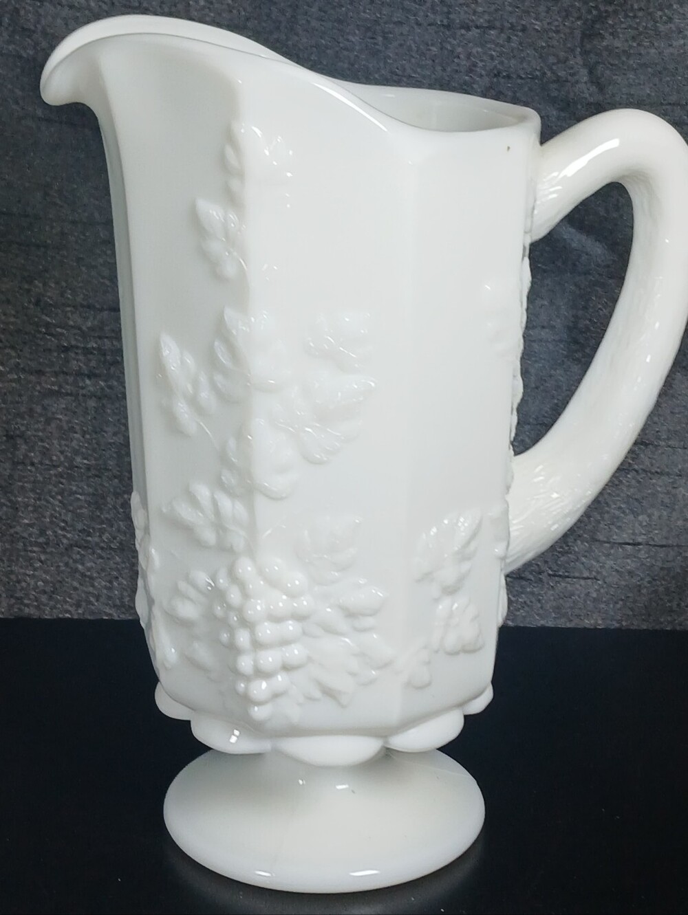 Westmoreland Vintage White Milk Glass Juice Pitcher Paneled Grape Footed, 8"